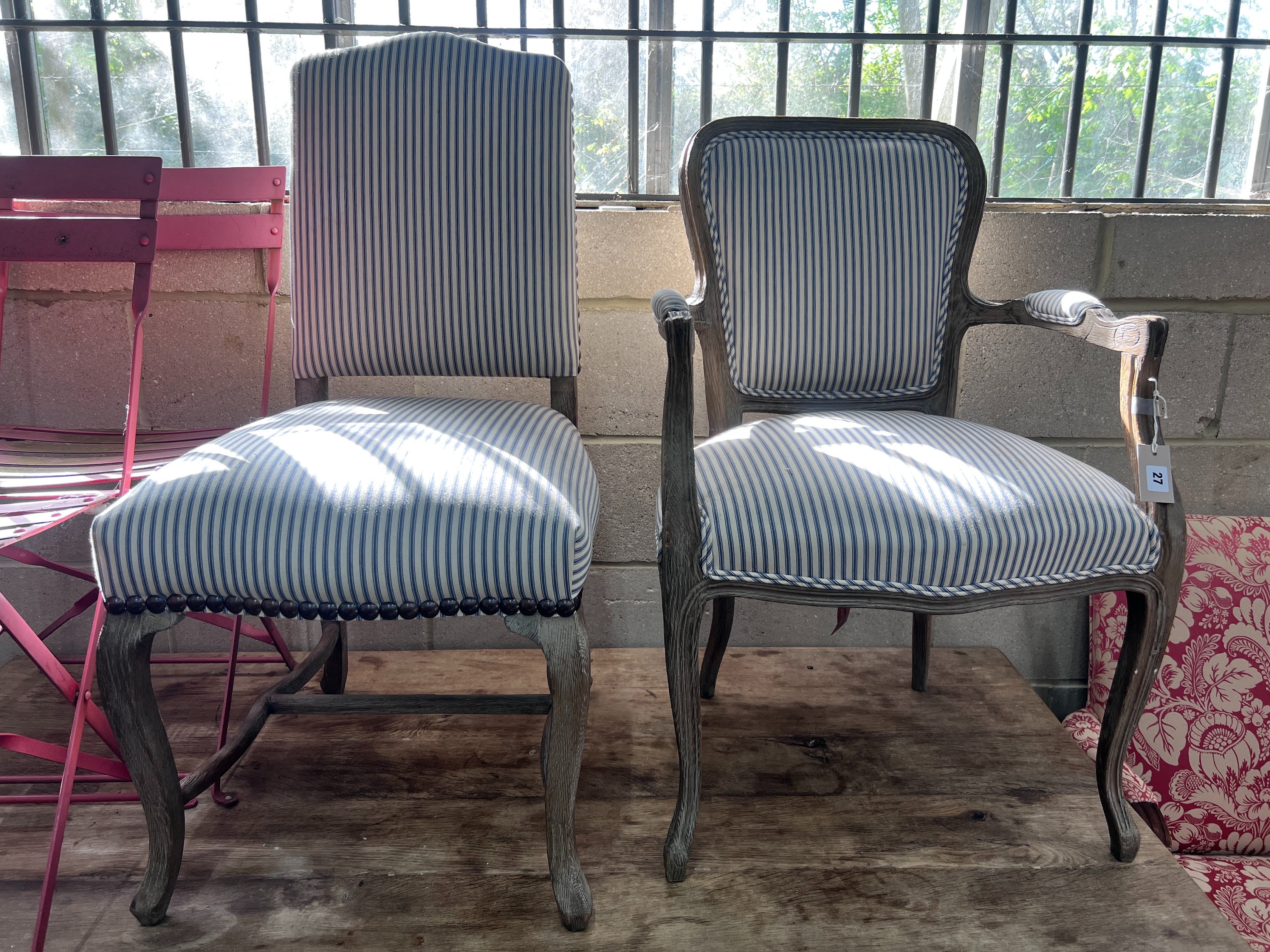 Two French style limed oak chairs, one with arms *Please note the sale commences at 9am.